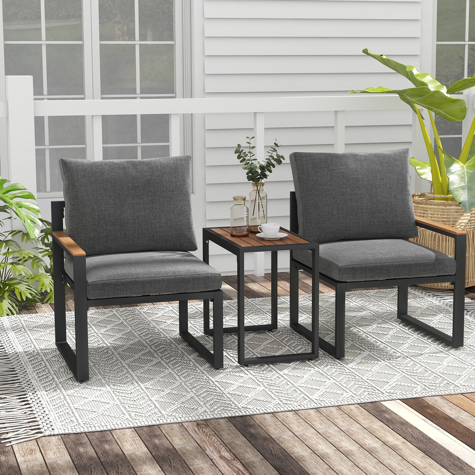 3 Pieces Aluminum Frame Weatherproof Outdoor Conversation Set with Soft Cushions, Gray Patio Conversation Sets at Gallery Canada