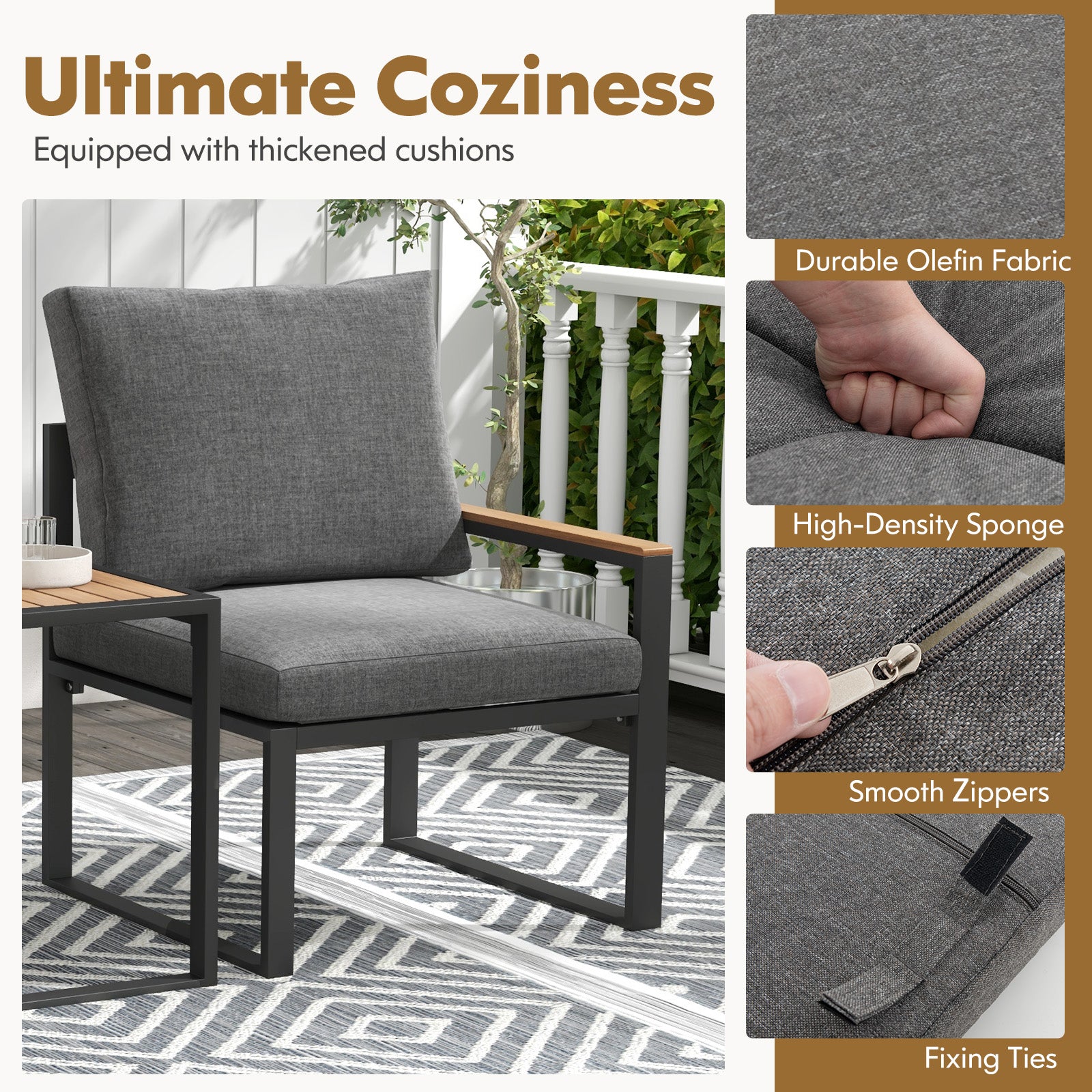 3 Pieces Aluminum Frame Weatherproof Outdoor Conversation Set with Soft Cushions, Gray Patio Conversation Sets at Gallery Canada
