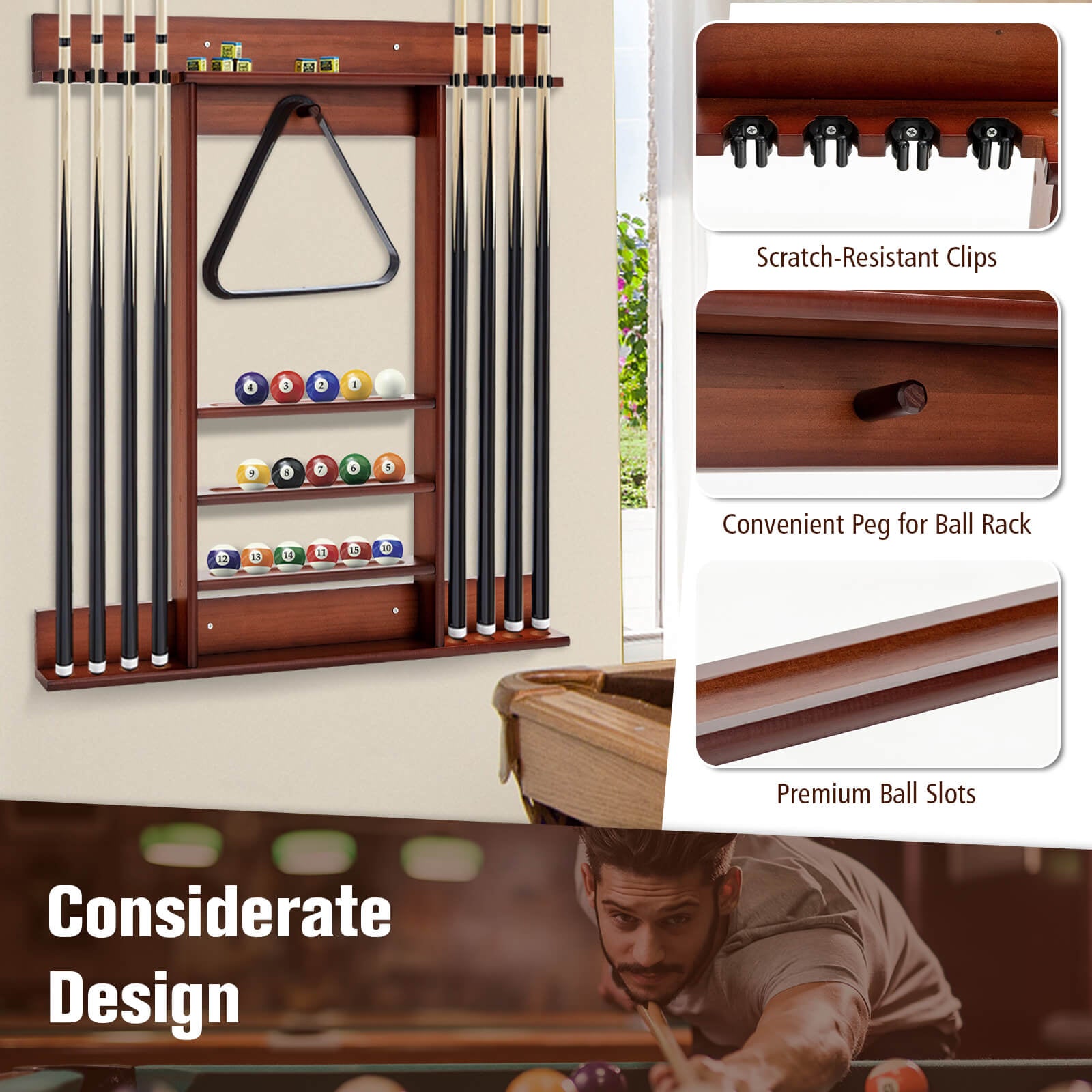 Wall-mounted Billiards Pool Cue Rack Only, Brown Game Room at Gallery Canada