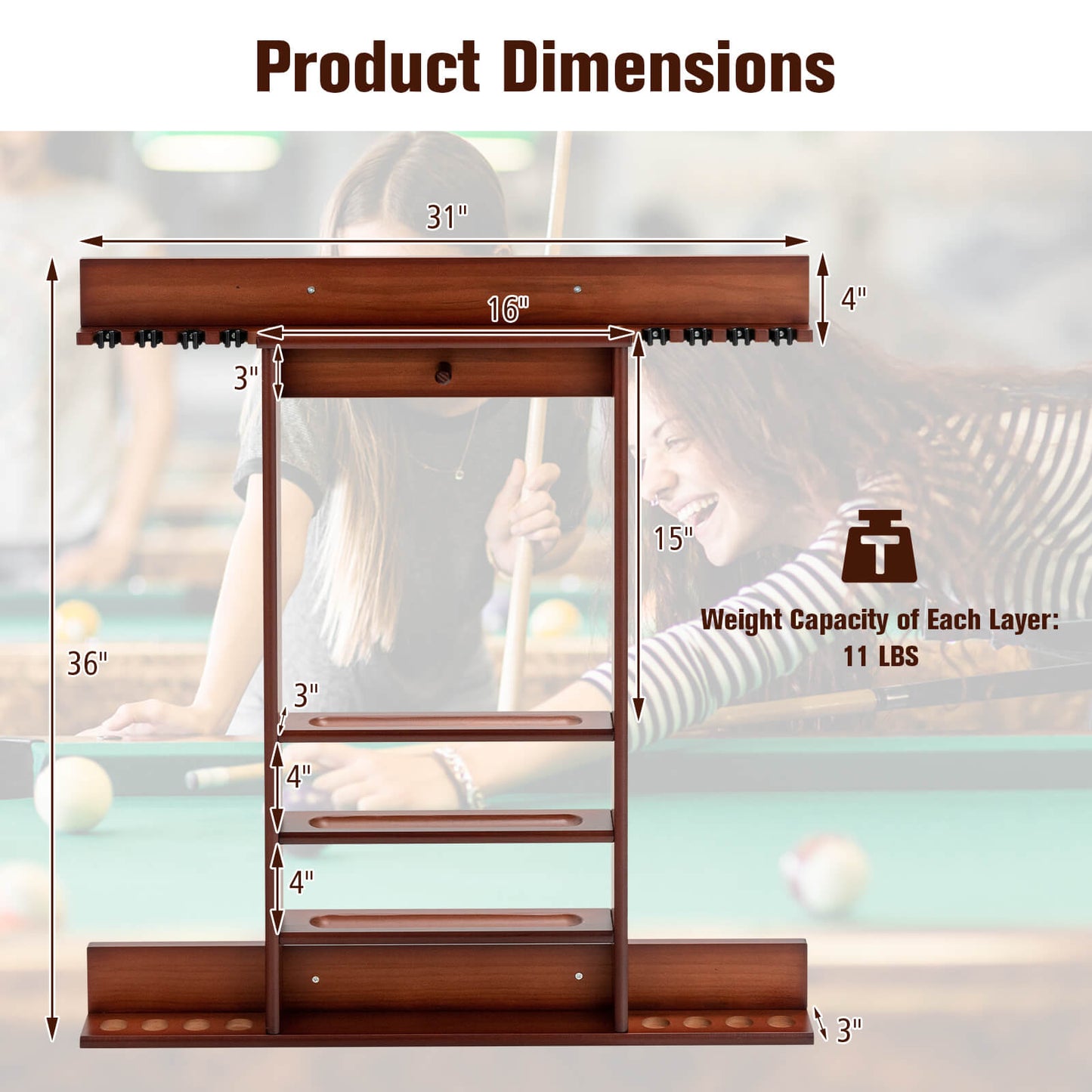 Wall-mounted Billiards Pool Cue Rack Only, Brown Game Room at Gallery Canada