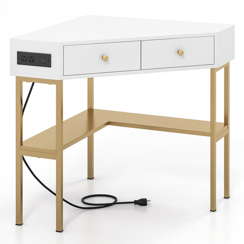 Triangle Corner Desk with Charging Station with 2 Drawers and Storage Shelf, Golden