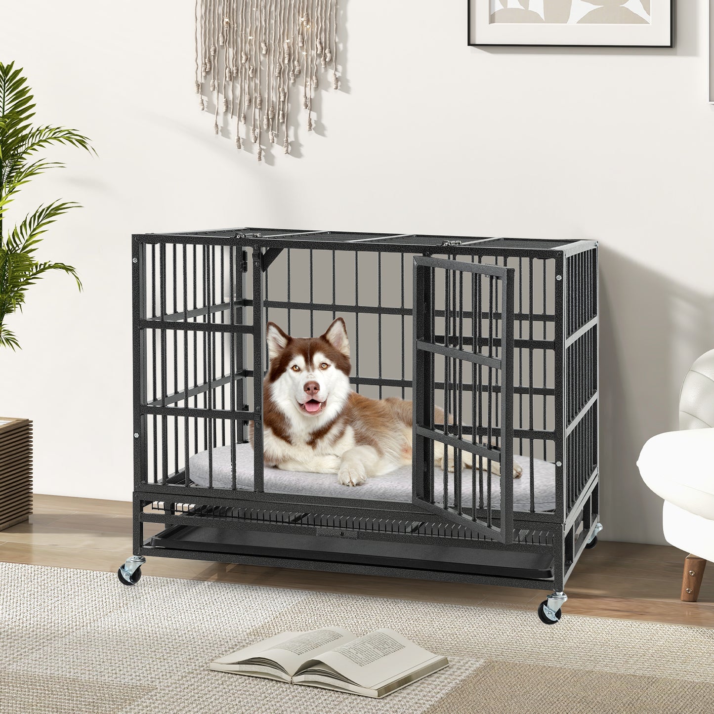 38 Inch Foldable Heavy-Duty Metal Dog Cage with Lockable Rolling Casters and Tray-38 inches, Black Dog Kennels at Gallery Canada