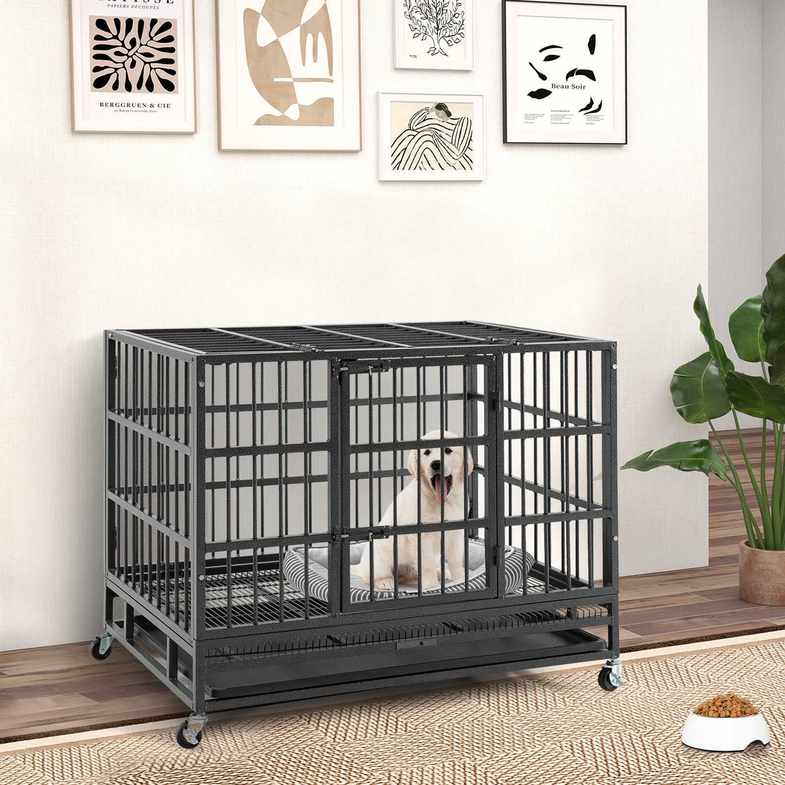 38 Inch Foldable Heavy-Duty Metal Dog Cage with Lockable Rolling Casters and Tray-38 inches, Black Dog Kennels at Gallery Canada