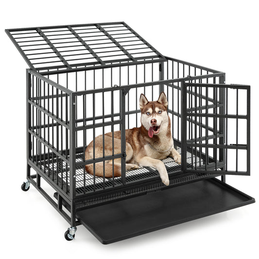 38 Inch Foldable Metal Dog Cage With Lockable Casters And Tray, Black Dog Kennels Black at Gallery Canada