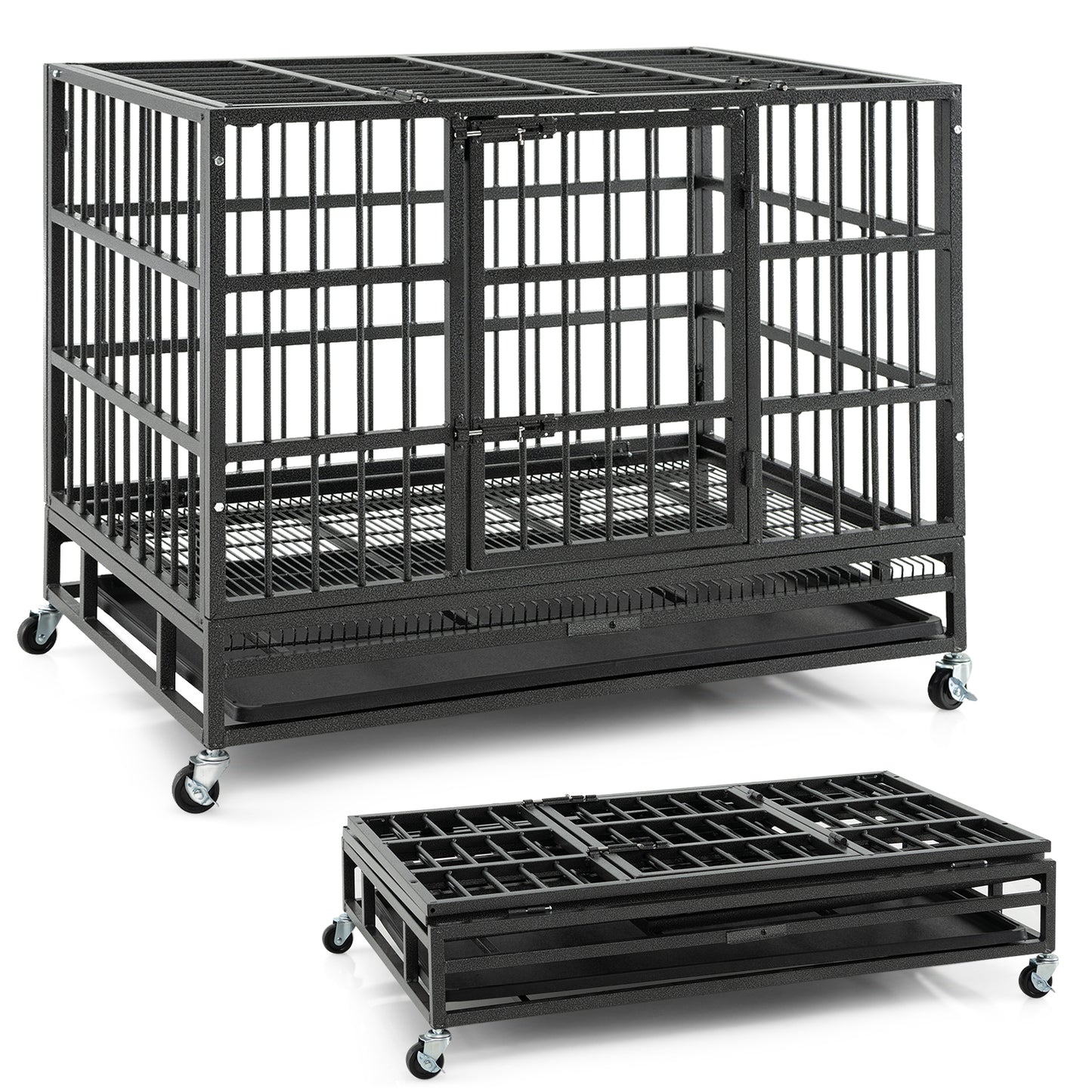 38 Inch Foldable Heavy-Duty Metal Dog Cage with Lockable Rolling Casters and Tray-38 inches, Black Dog Kennels at Gallery Canada