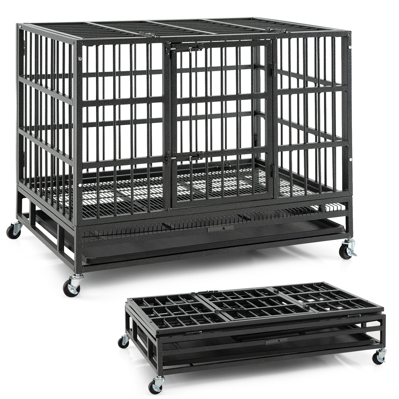 38 Inch Foldable Heavy-Duty Metal Dog Cage with Lockable Rolling Casters and Tray-38 inches, Black Dog Kennels at Gallery Canada