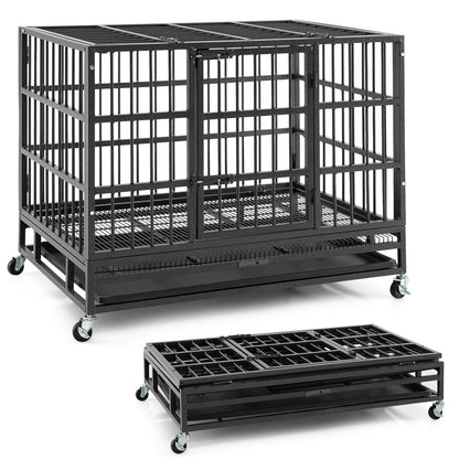 38 Inch Foldable Heavy-Duty Metal Dog Cage with Lockable Rolling Casters and Tray-38 inches, Black Dog Kennels at Gallery Canada