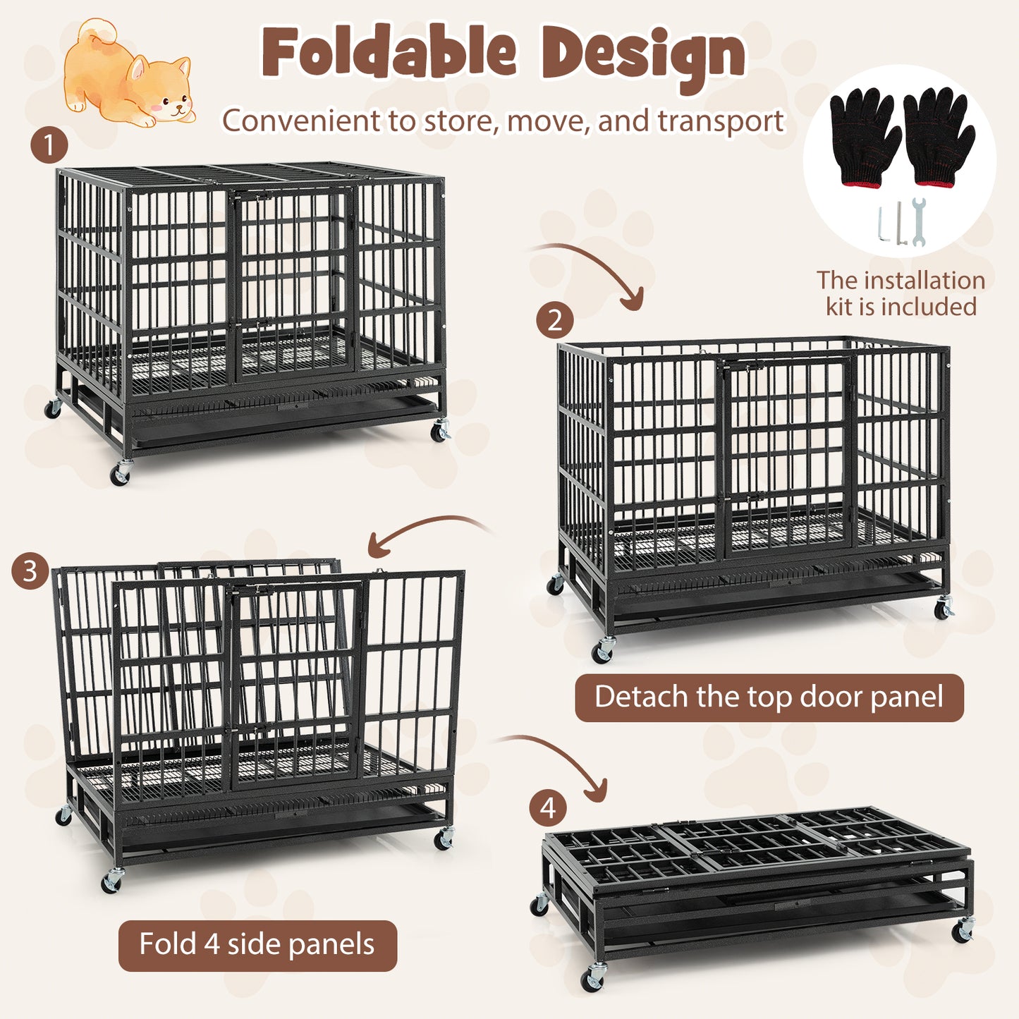 38 Inch Foldable Heavy-Duty Metal Dog Cage with Lockable Rolling Casters and Tray-38 inches, Black Dog Kennels at Gallery Canada