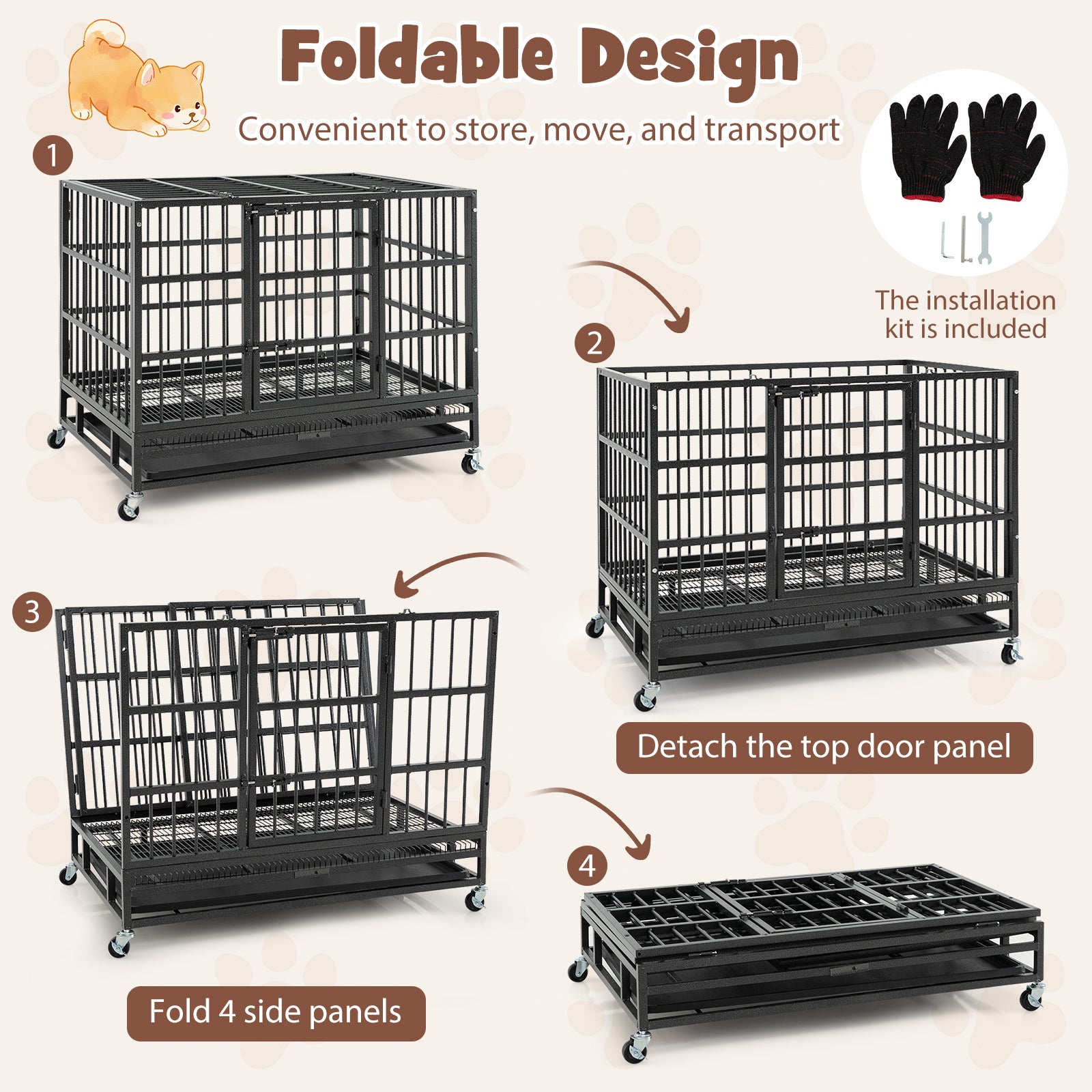 38 Inch Foldable Heavy-Duty Metal Dog Cage with Lockable Rolling Casters and Tray-38 inches, Black Dog Kennels at Gallery Canada