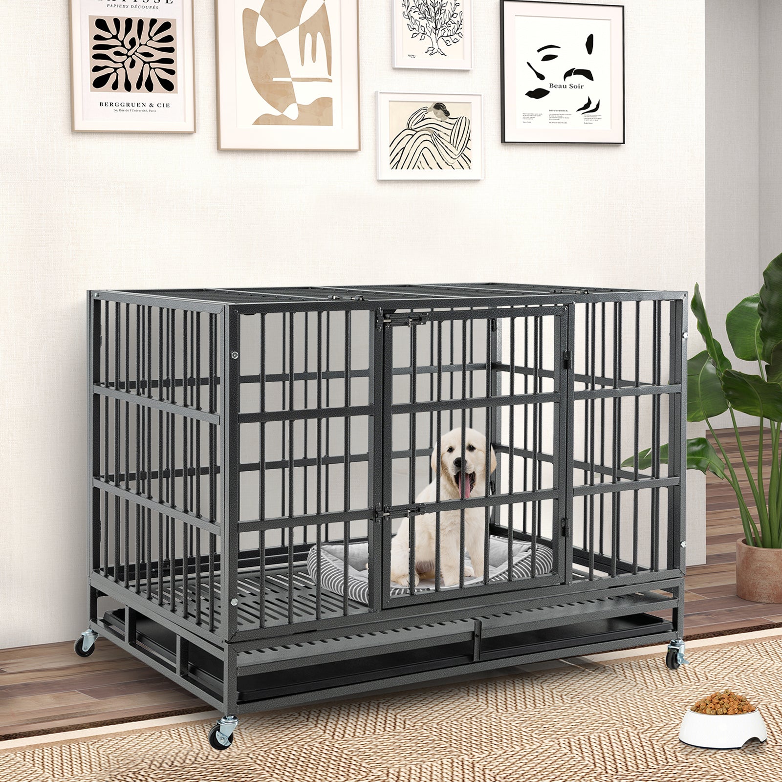 48 Inch Foldable Heavy-Duty Metal Dog Cage with Lockable Rolling Casters and Tray-48 inches, Black Dog Kennels at Gallery Canada