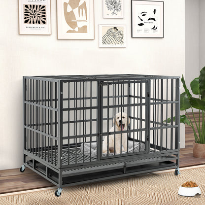 48 Inch Foldable Heavy-Duty Metal Dog Cage with Lockable Rolling Casters and Tray-48 inches, Black Dog Kennels at Gallery Canada