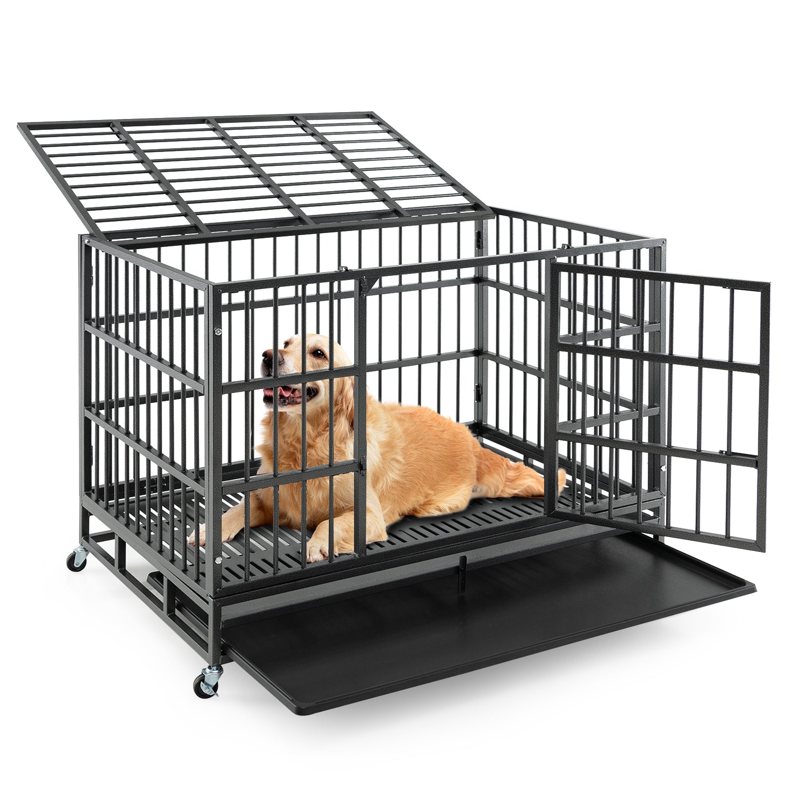 48 Inch Foldable Heavy-Duty Metal Dog Cage with Lockable Rolling Casters and Tray-48 inches, Black Dog Kennels at Gallery Canada