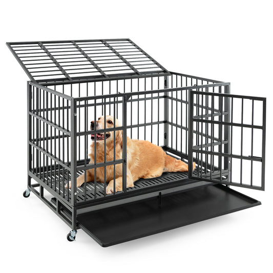48 Inch Foldable Heavy-Duty Metal Dog Cage with Lockable Rolling Casters and Tray-48 inches, Black Dog Kennels Black at Gallery Canada