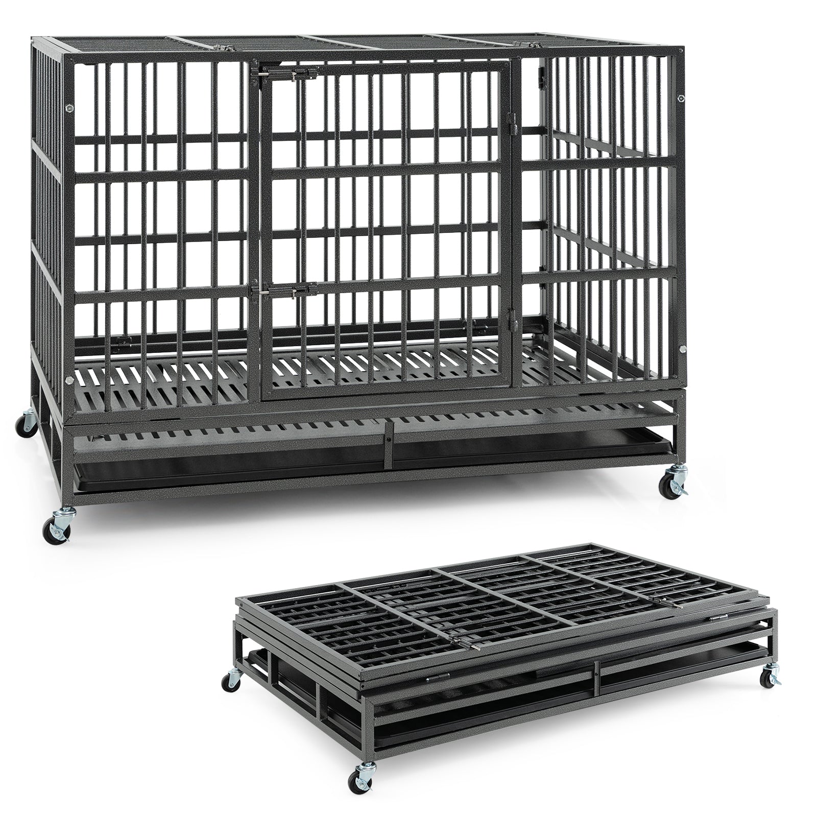 48 Inch Foldable Heavy-Duty Metal Dog Cage with Lockable Rolling Casters and Tray-48 inches, Black Dog Kennels at Gallery Canada