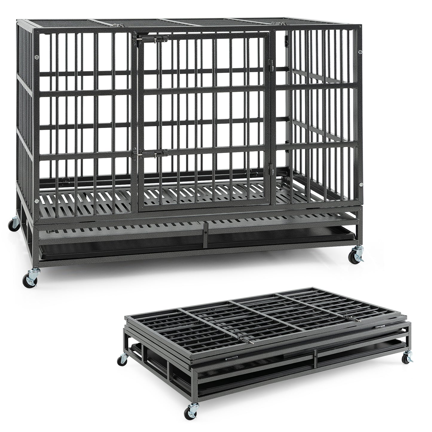 48 Inch Foldable Heavy-Duty Metal Dog Cage with Lockable Rolling Casters and Tray-48 inches, Black Dog Kennels at Gallery Canada