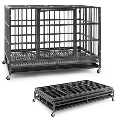 48 Inch Foldable Heavy-Duty Metal Dog Cage with Lockable Rolling Casters and Tray-48 inches, Black Dog Kennels at Gallery Canada