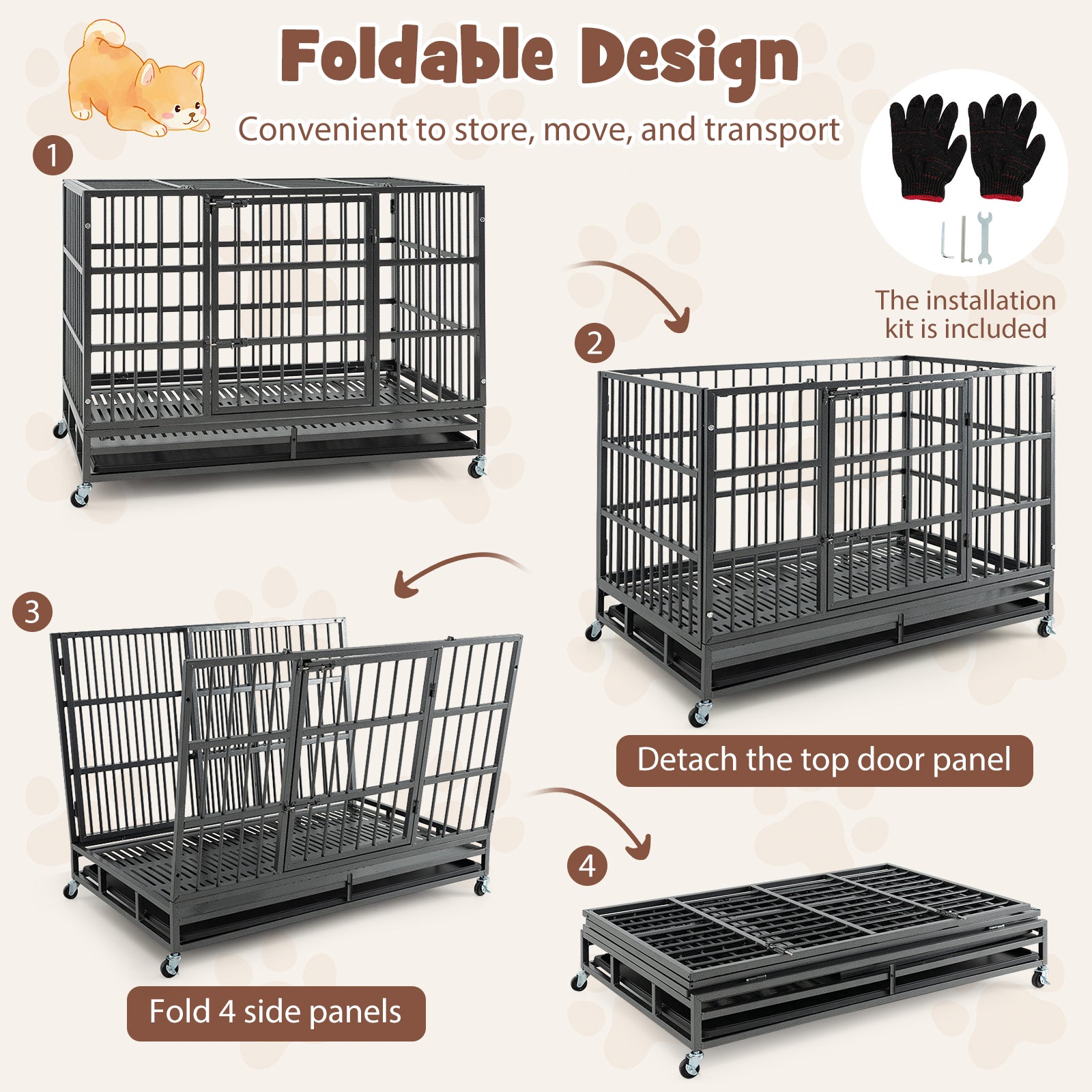 48 Inch Foldable Heavy-Duty Metal Dog Cage with Lockable Rolling Casters and Tray-48 inches, Black Dog Kennels at Gallery Canada