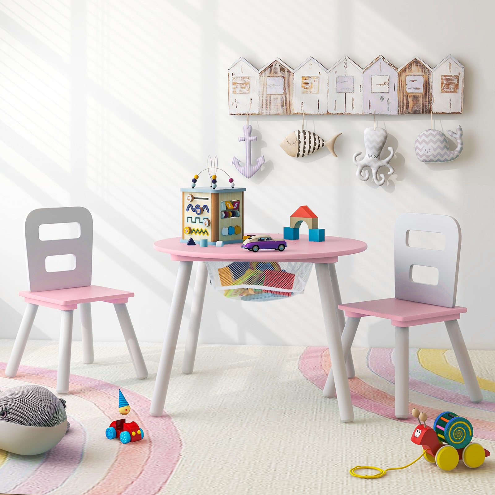 Wood Activity Kids Table and Chair Set with Center Mesh Storage for Snack Time and Homework, Pink Kids Table & Chair Sets at Gallery Canada
