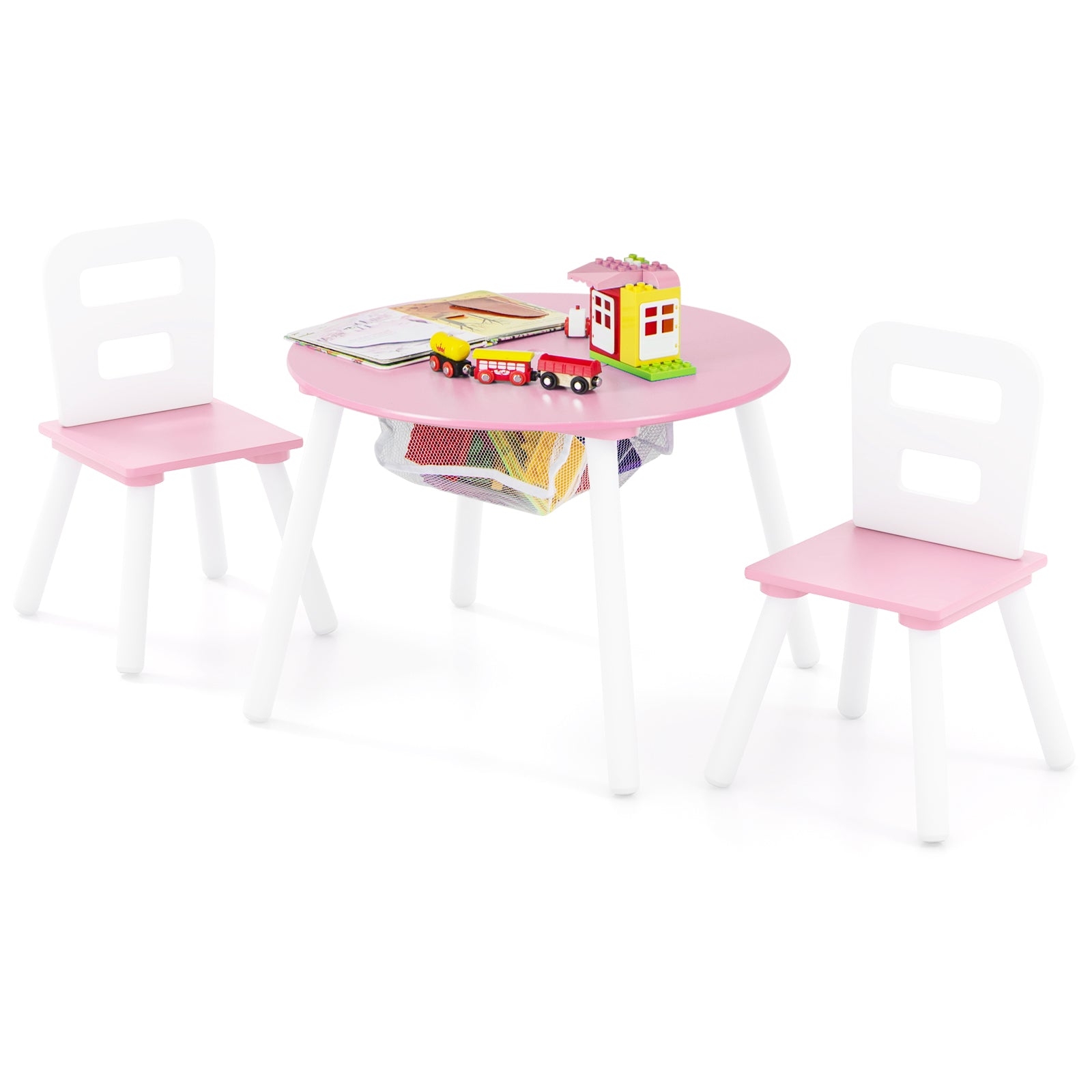 Wood Activity Kids Table and Chair Set with Center Mesh Storage for Snack Time and Homework, Pink Kids Table & Chair Sets at Gallery Canada