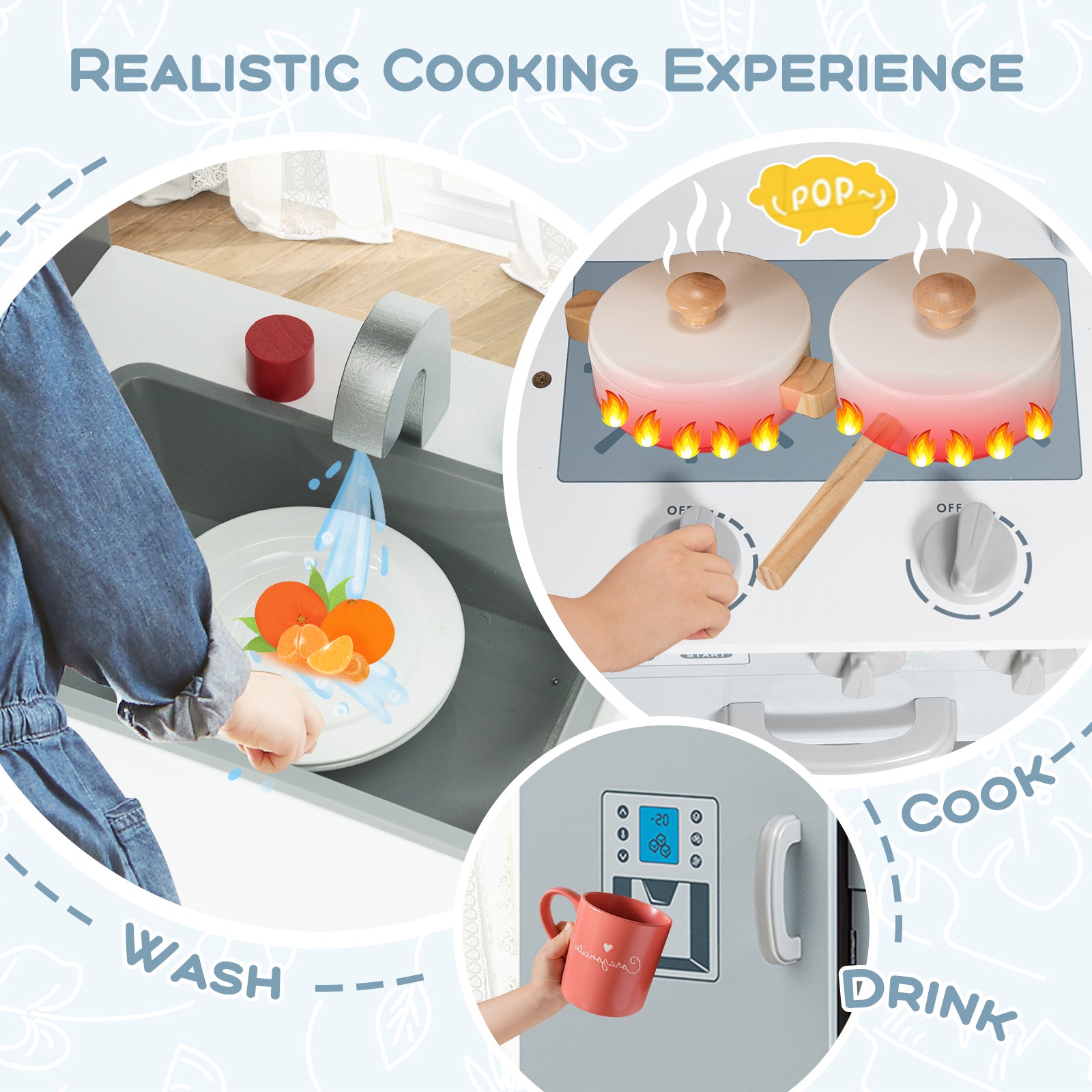 Kids Pretend Play Kitchen Cooking Set with Simulated Sound, Gray Play Kitchen Sets at Gallery Canada
