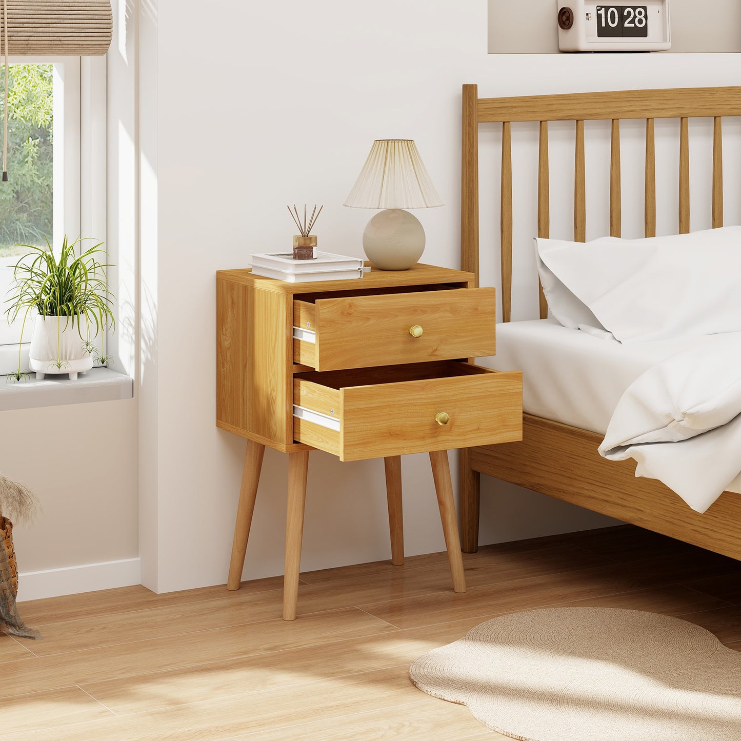 Nightstand Mid-century Modern Bedside Table with 2 Drawers, Natural Nightstands at Gallery Canada