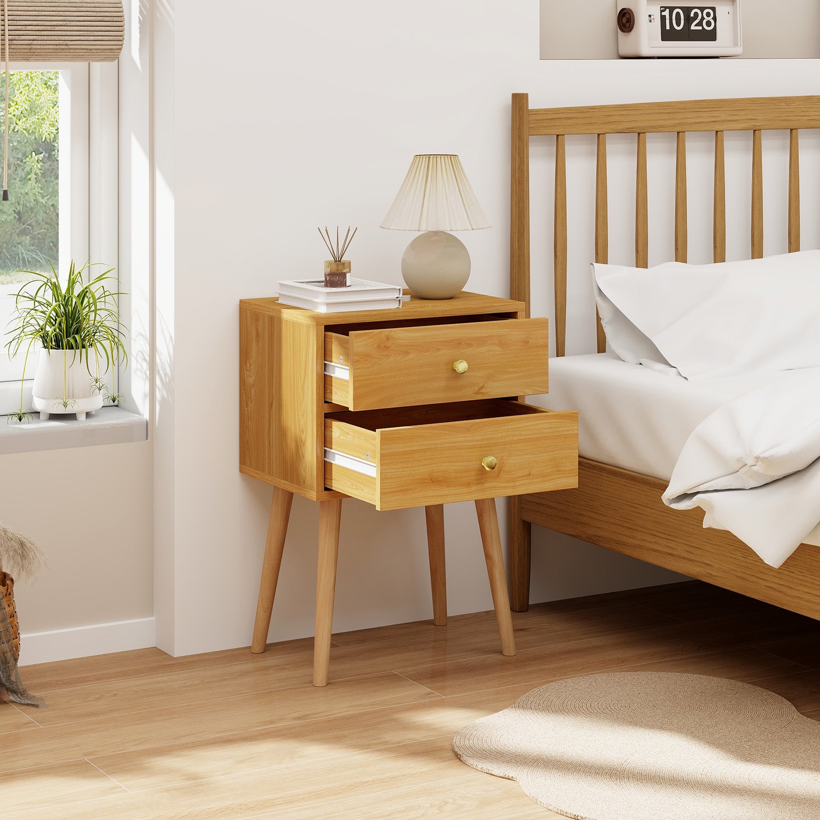 Nightstand Mid-century Modern Bedside Table with 2 Drawers, Natural Nightstands at Gallery Canada