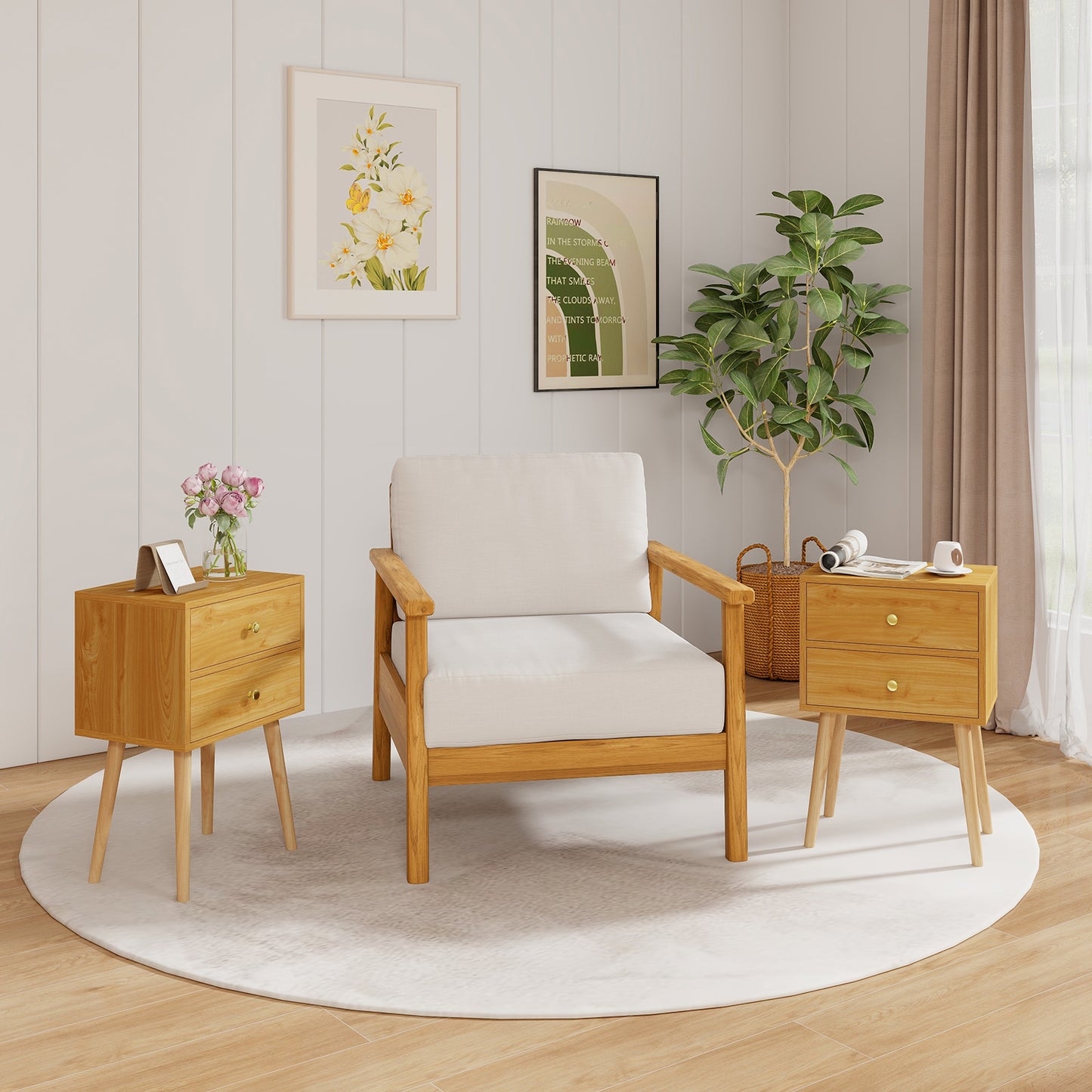 Nightstand Mid-century Modern Bedside Table with 2 Drawers, Natural Nightstands at Gallery Canada