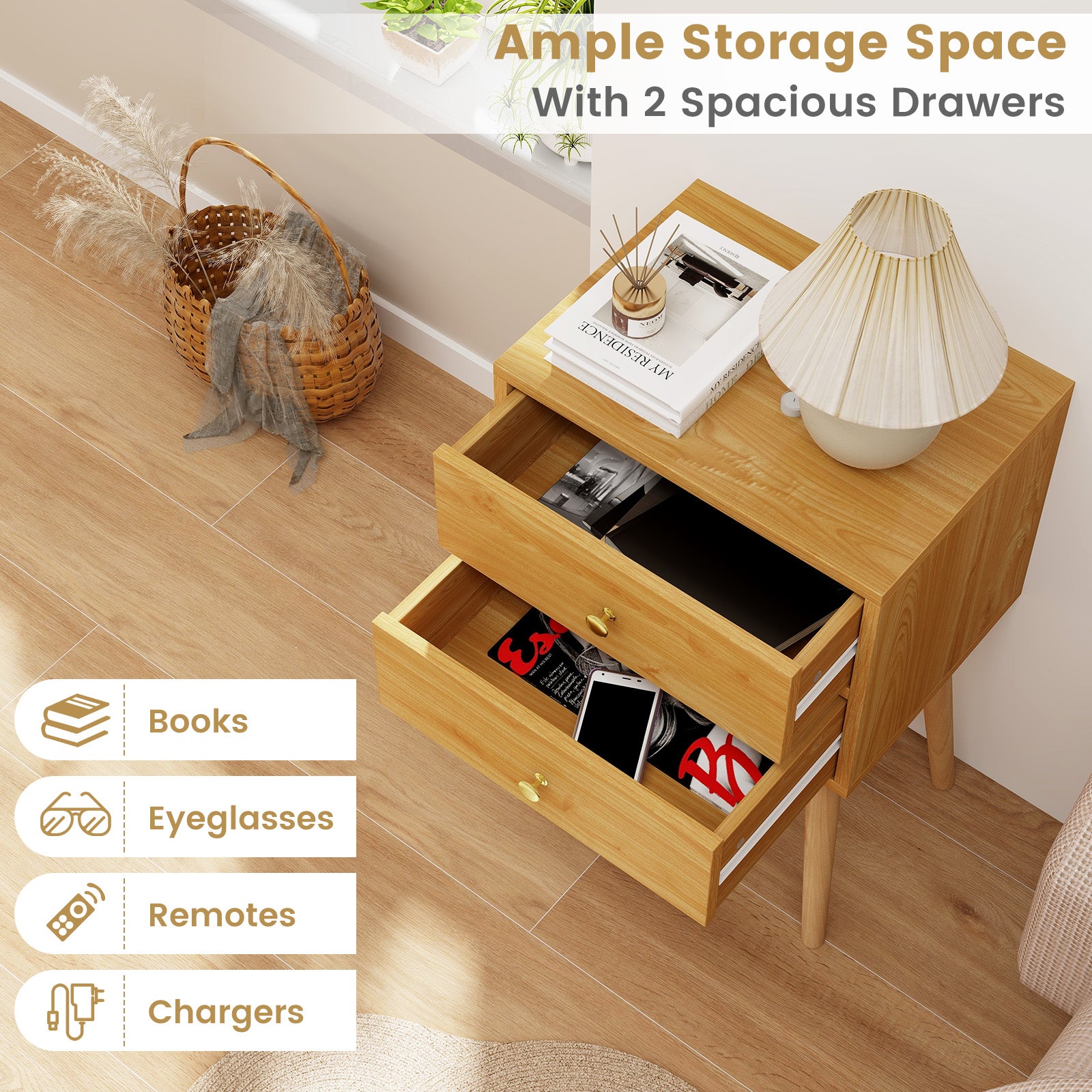 Nightstand Mid-century Modern Bedside Table with 2 Drawers, Natural Nightstands at Gallery Canada