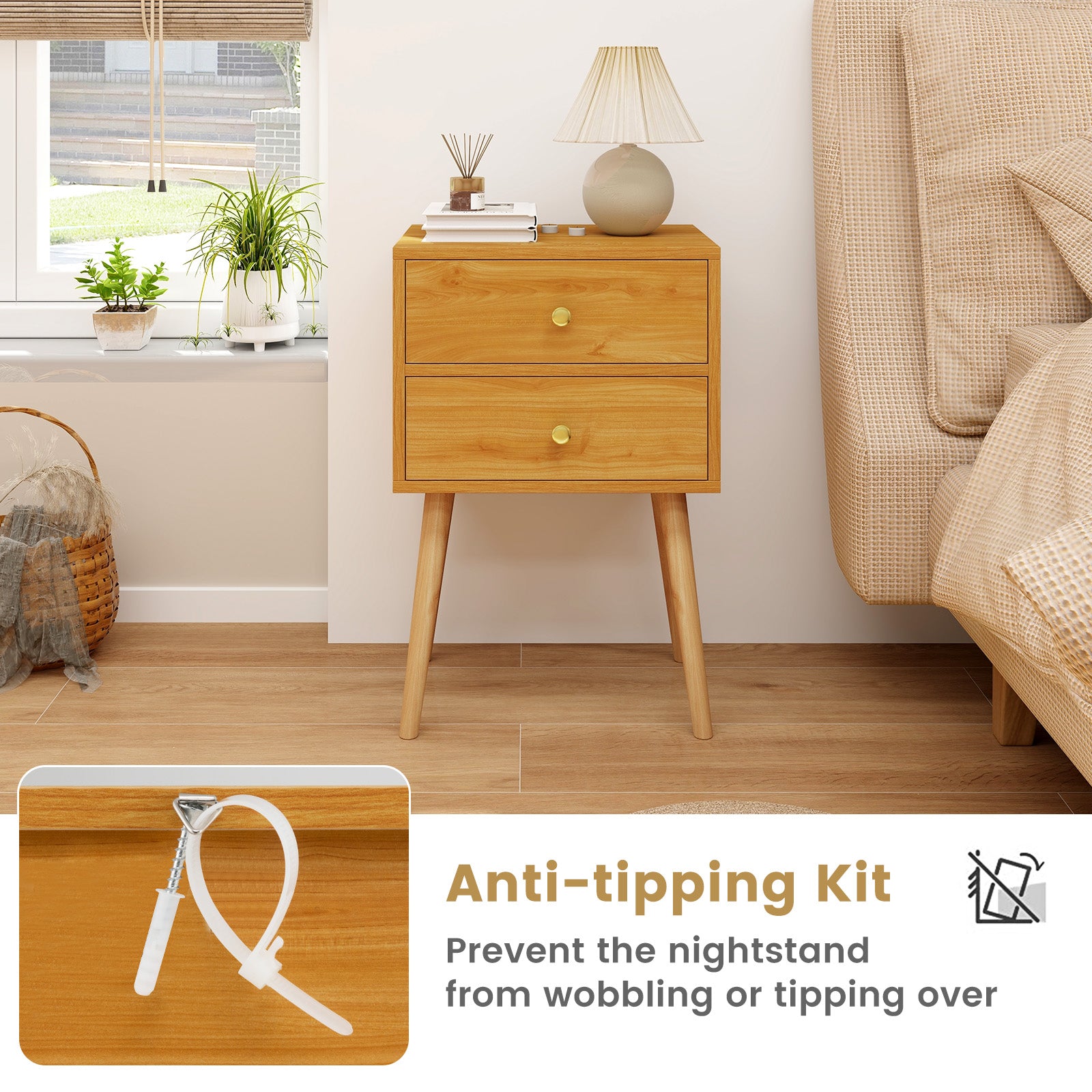 Nightstand Mid-century Modern Bedside Table with 2 Drawers, Natural Nightstands at Gallery Canada