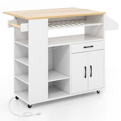 Rolling Kitchen Island Cart With Power Outlet, White And Natural