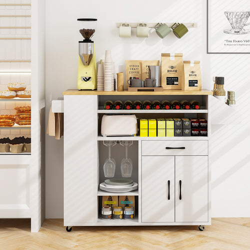 Rolling Kitchen Island Cart With Power Outlet, White And Natural