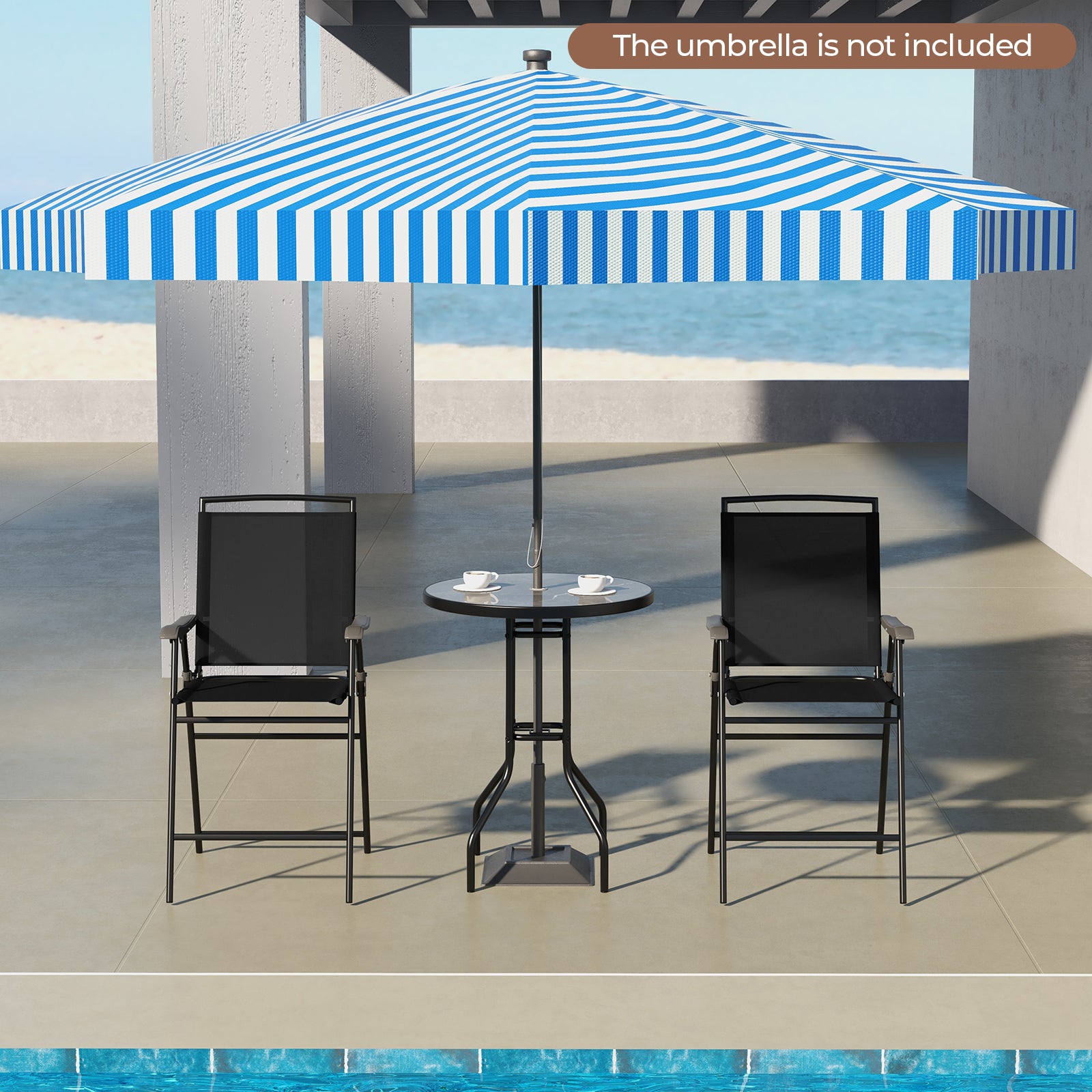3 Pieces Outdoor Bar Stool Set with DPC Tabletop and Umbrella Hole for Poolside, Black Patio Conversation Sets at Gallery Canada