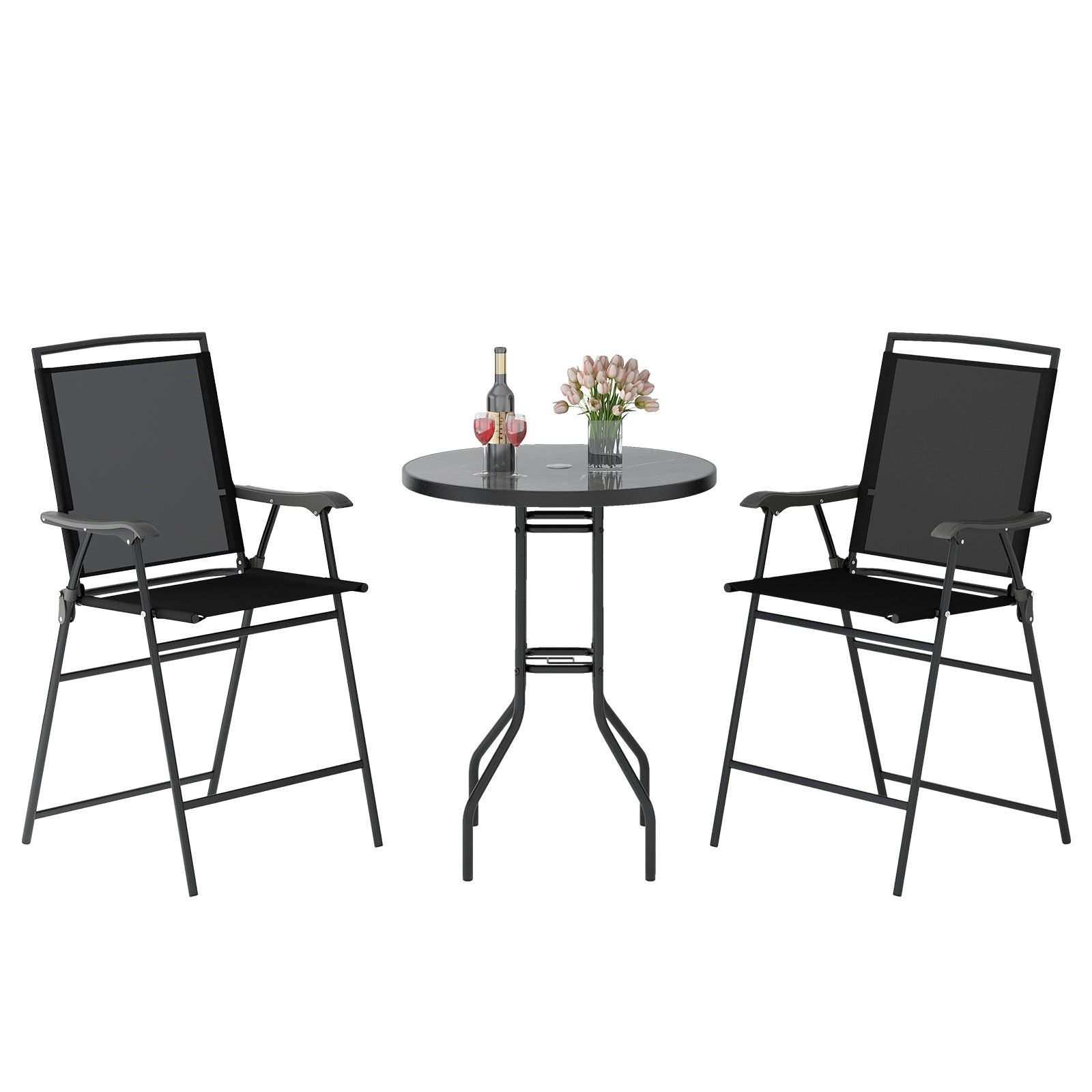 3 Pieces Outdoor Bar Stool Set with DPC Tabletop and Umbrella Hole for Poolside, Black Patio Conversation Sets Black at Gallery Canada