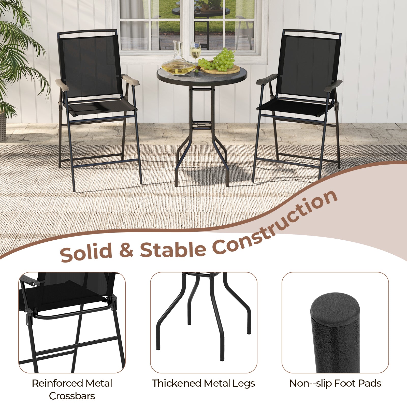 3 Pieces Outdoor Bar Stool Set with DPC Tabletop and Umbrella Hole for Poolside, Black Patio Conversation Sets at Gallery Canada