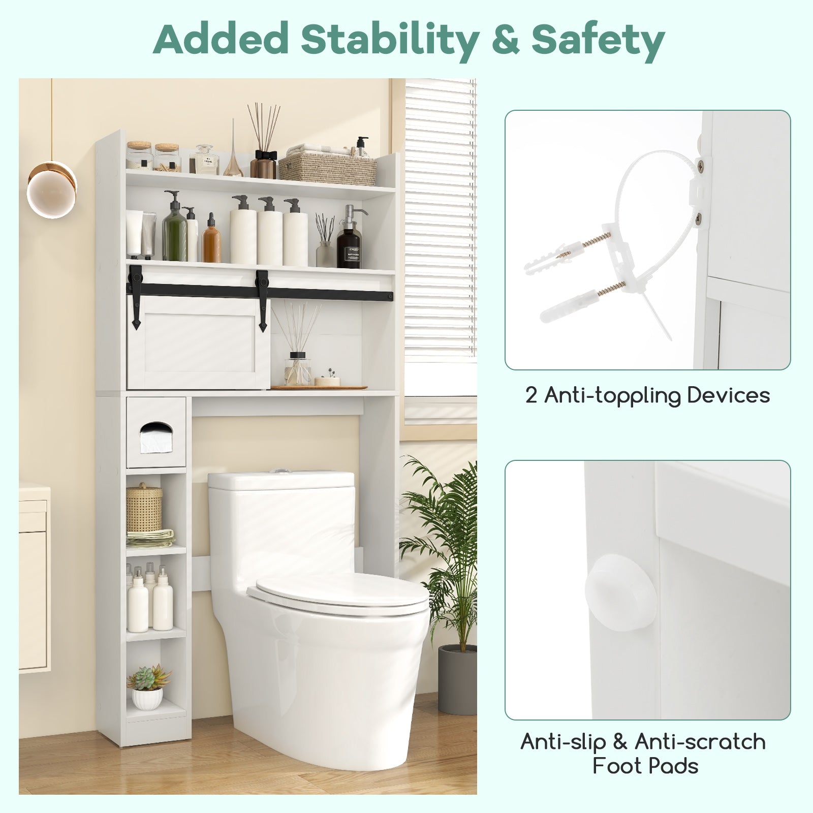 Over The Toilet Storage Cabinet with Sliding Barn Door and Adjustable Shelves, White Bathroom Etagere at Gallery Canada