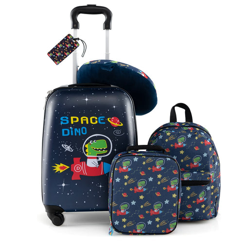 5 Piece Kids Luggage Set, Backpack Neck Pillow Name Tag Lunch Bag, Dark Blue