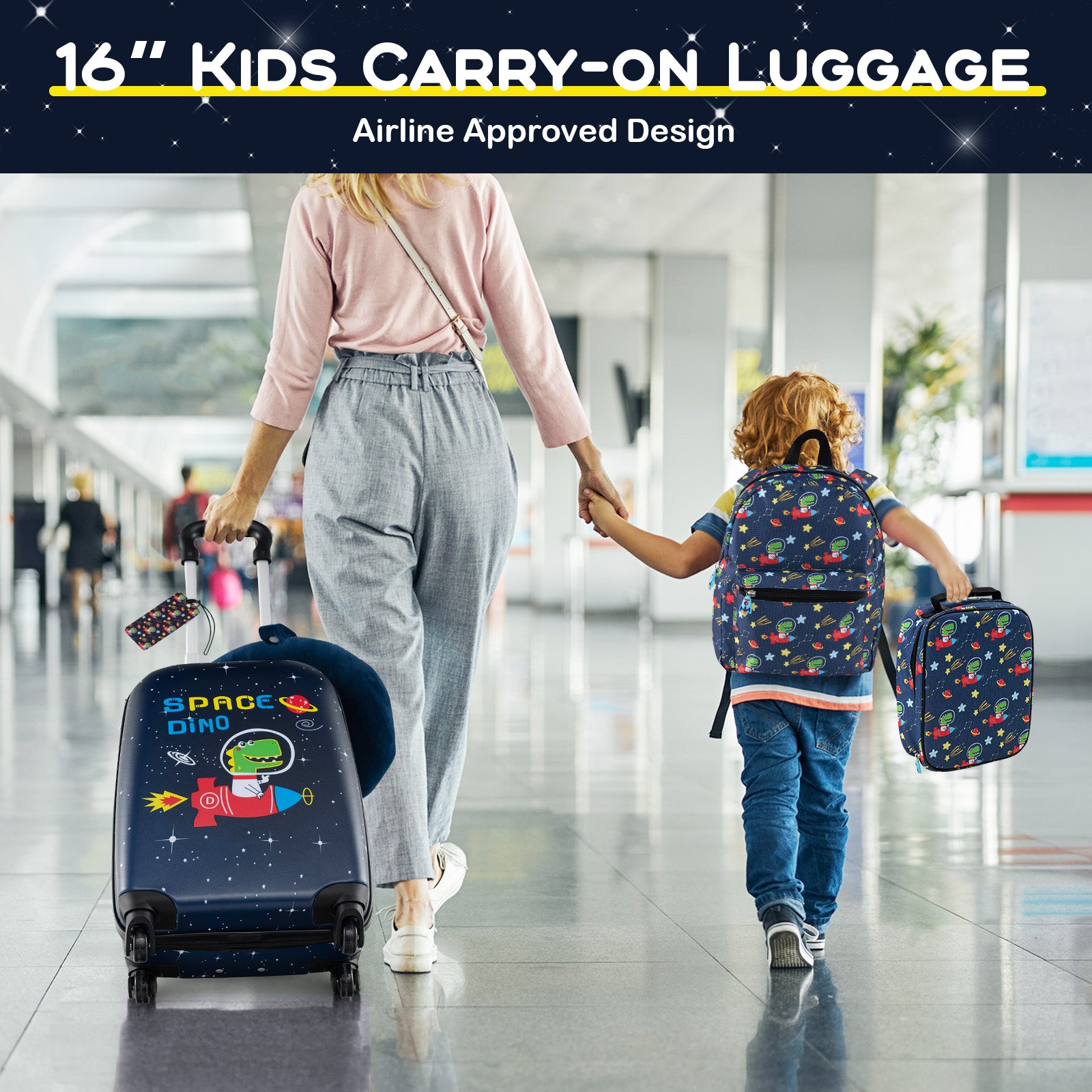 5 Piece Kids Luggage Set with Backpack Neck Pillow Name Tag Lunch Bag, Dark Blue Kids Luggage at Gallery Canada