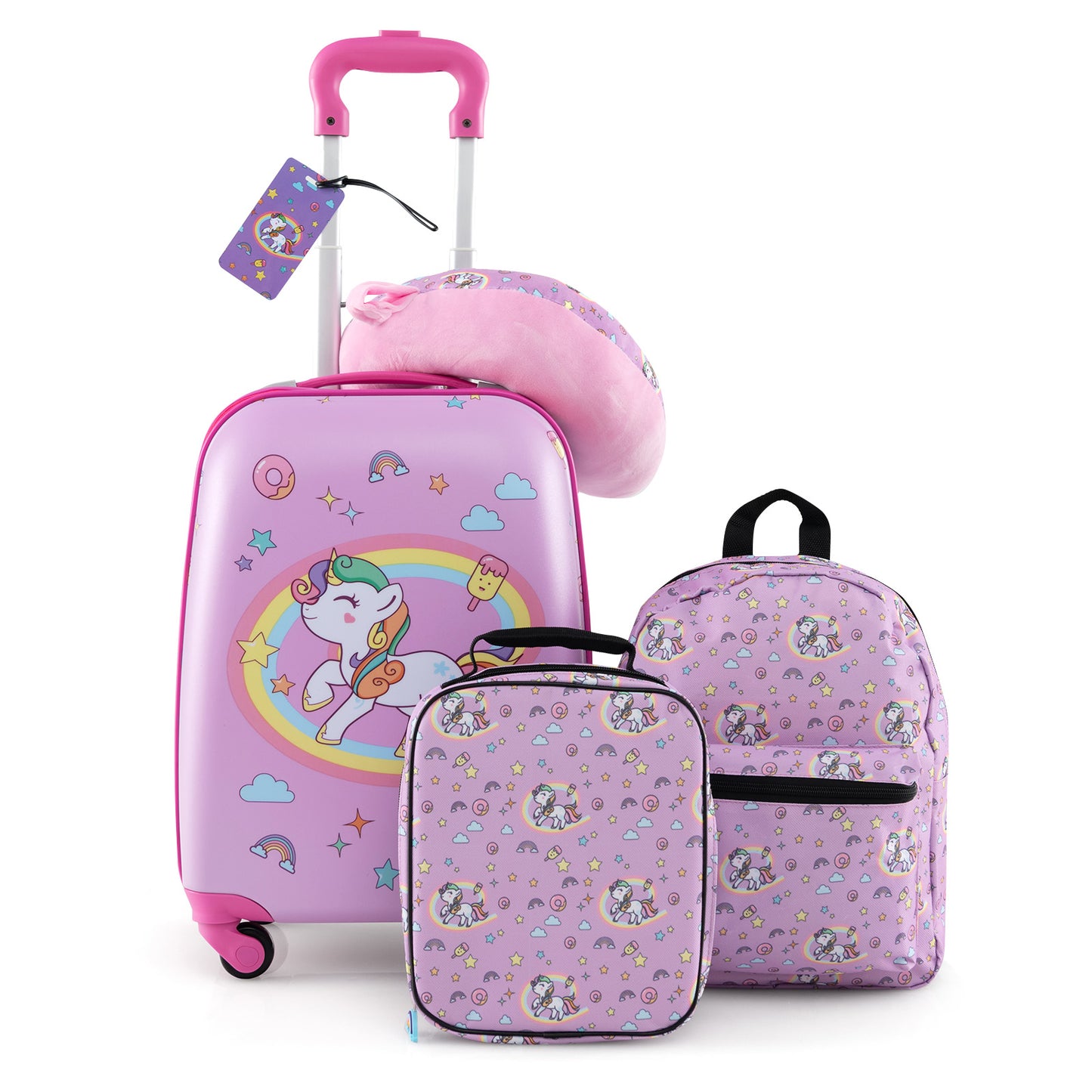 5 Piece Kids Luggage Set, Backpack, Neck Pillow, Name Tag, Lunch Bag, Purple Kids Luggage at Gallery Canada