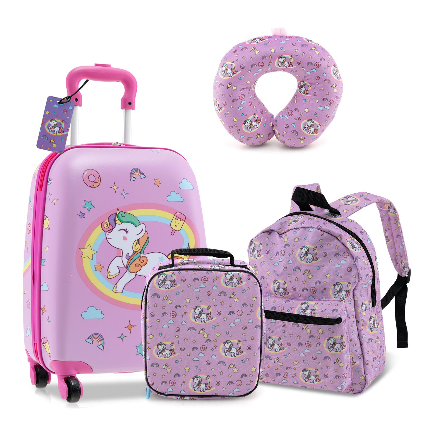 5 Piece Kids Luggage Set with Backpack Neck Pillow Name Tag Lunch Bag, Purple Kids Luggage at Gallery Canada