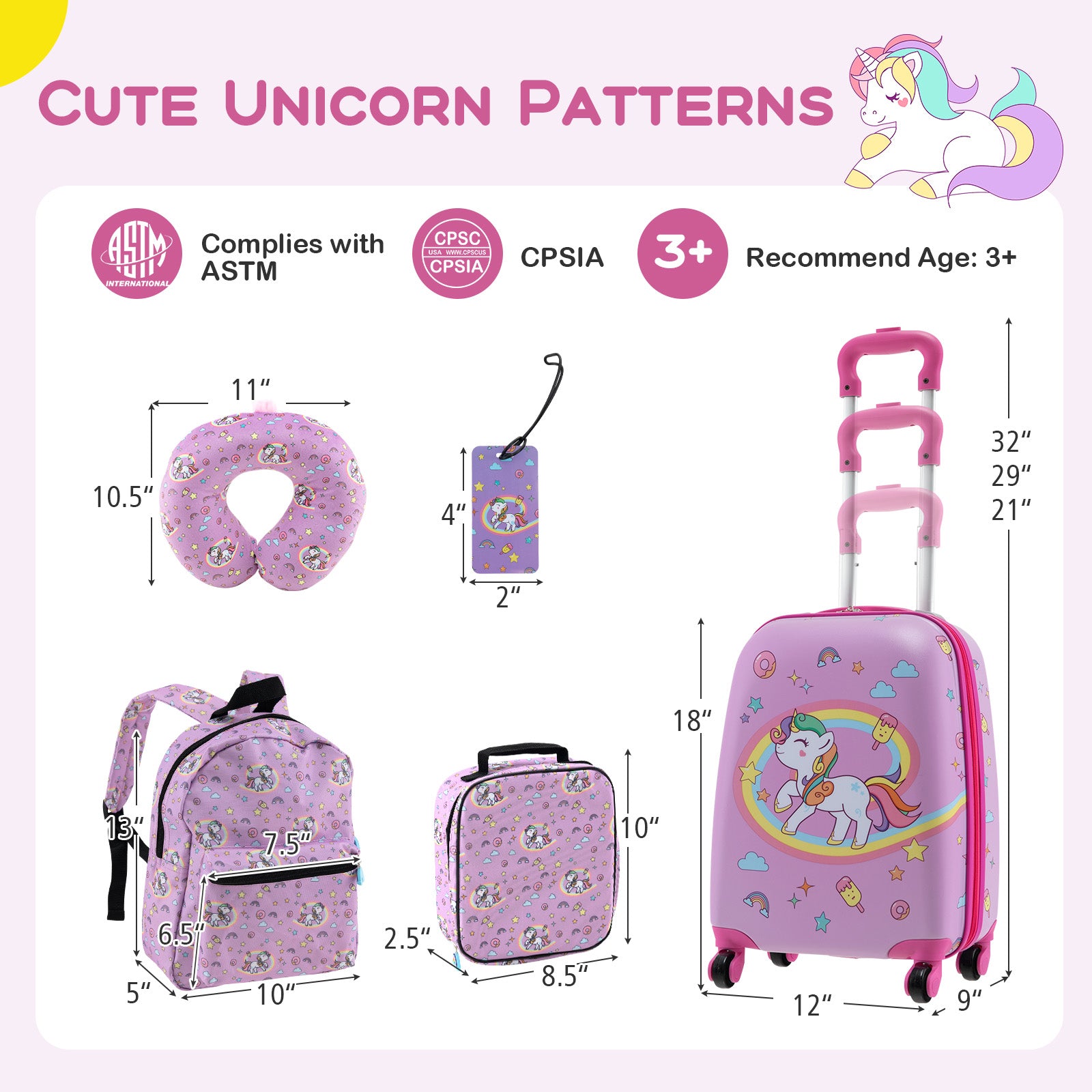 5 Piece Kids Luggage Set with Backpack Neck Pillow Name Tag Lunch Bag, Purple Kids Luggage at Gallery Canada