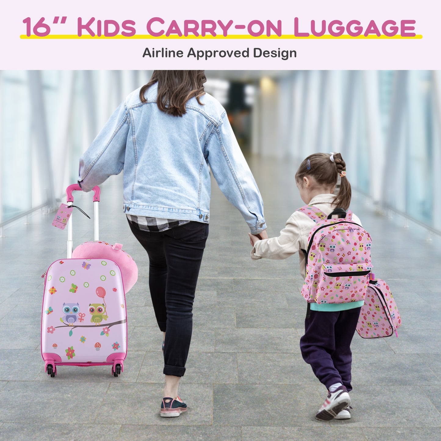 5 Piece Kids Luggage Set with Backpack Neck Pillow Name Tag Lunch Bag, Pink Kids Luggage at Gallery Canada