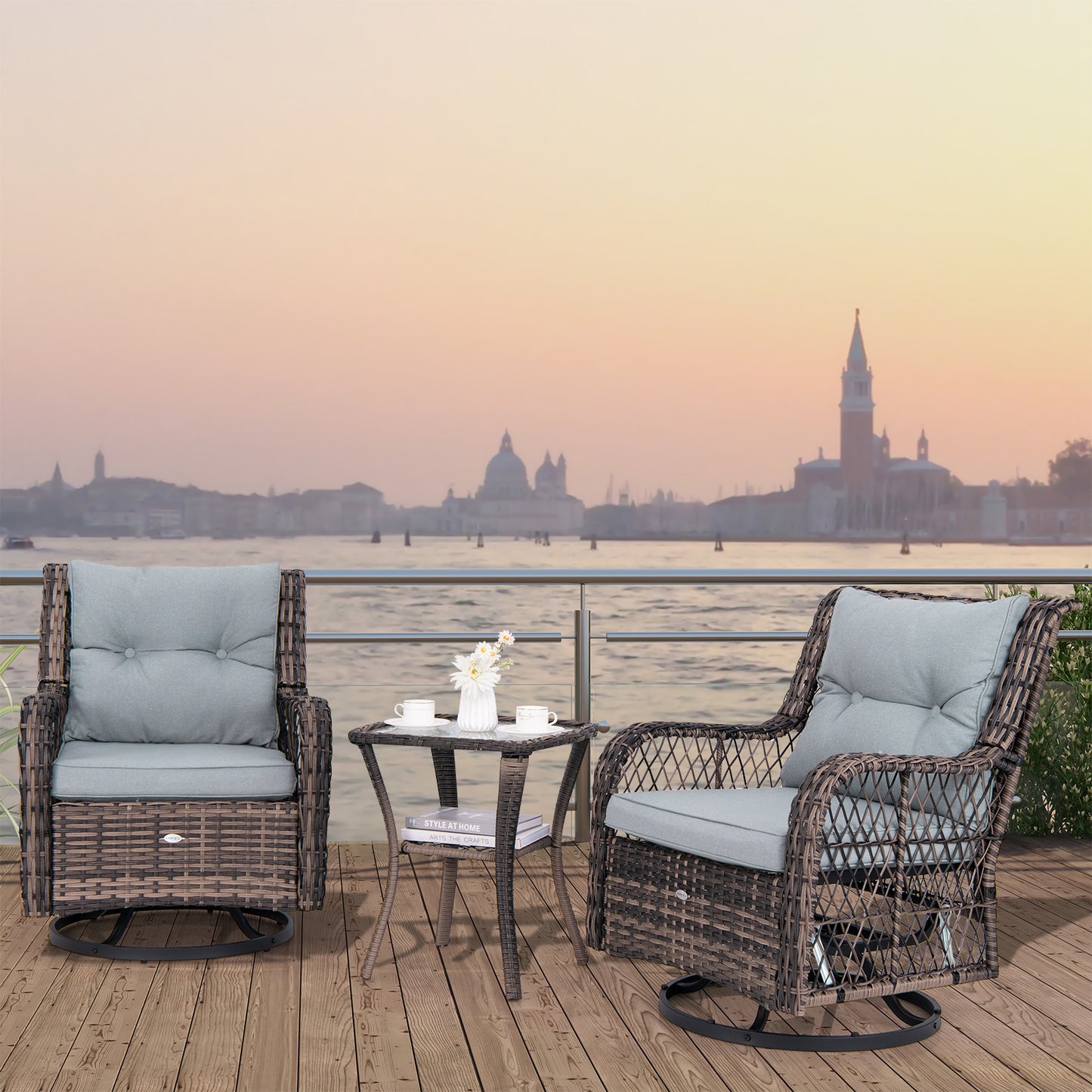 3 Pieces Outdoor Swivel Rocker Set with Small Side Table, Gray Patio Conversation Sets at Gallery Canada