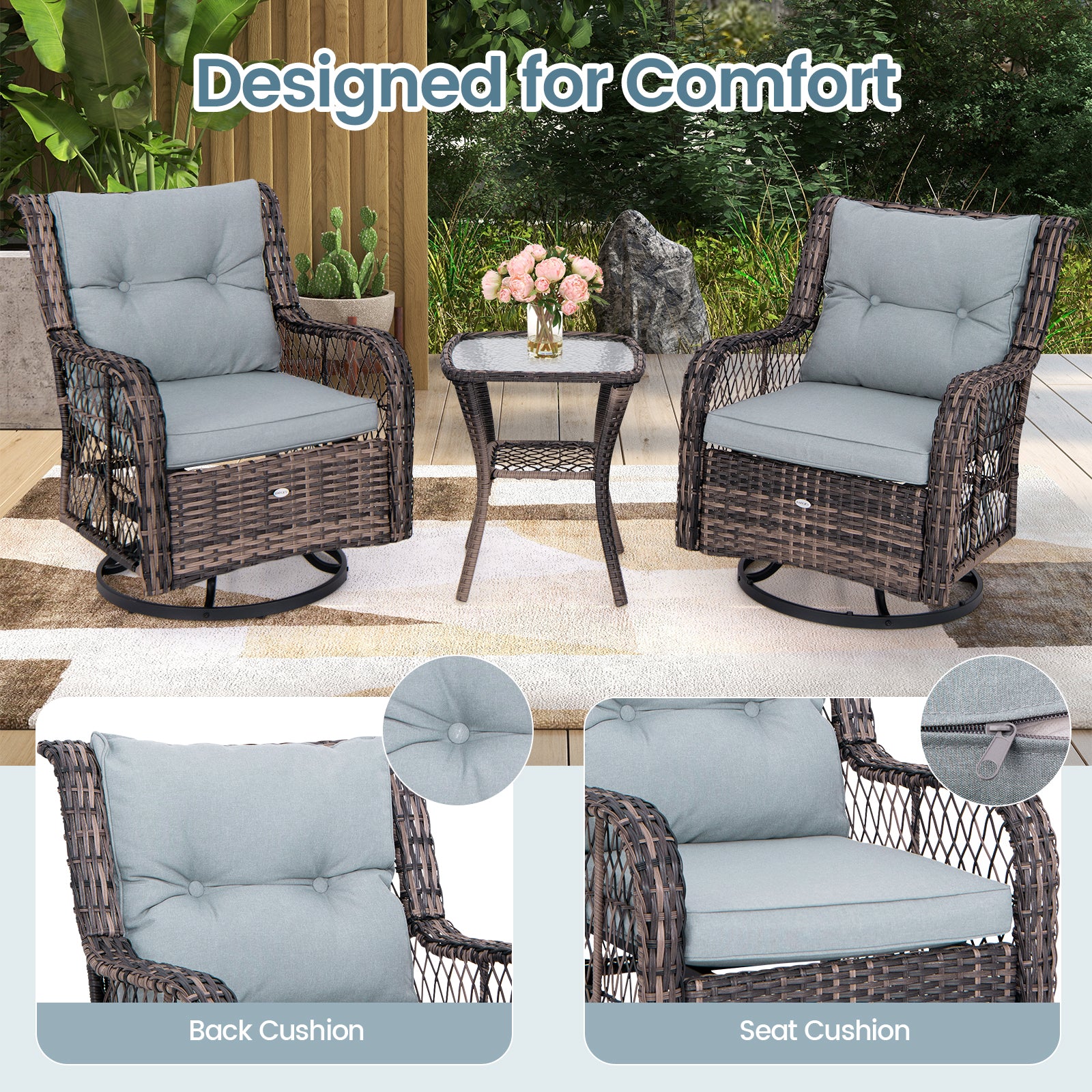 3 Pieces Outdoor Swivel Rocker Set with Small Side Table, Gray Patio Conversation Sets at Gallery Canada