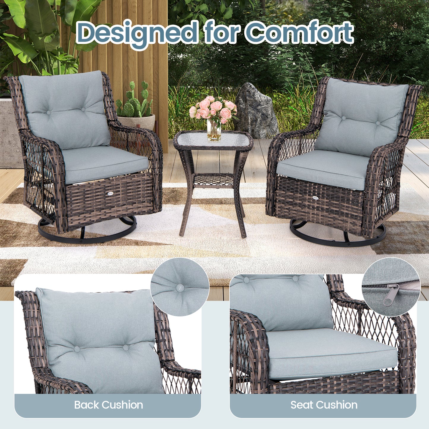 3 Pieces Outdoor Swivel Rocker Set with Small Side Table, Gray Patio Conversation Sets at Gallery Canada