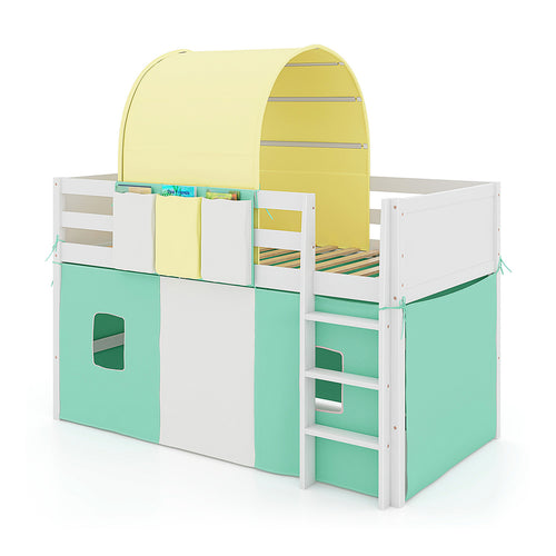 Twin Size Loft Bed Playhouse, Tower Tent, 3 Storage Pockets, Turquoise