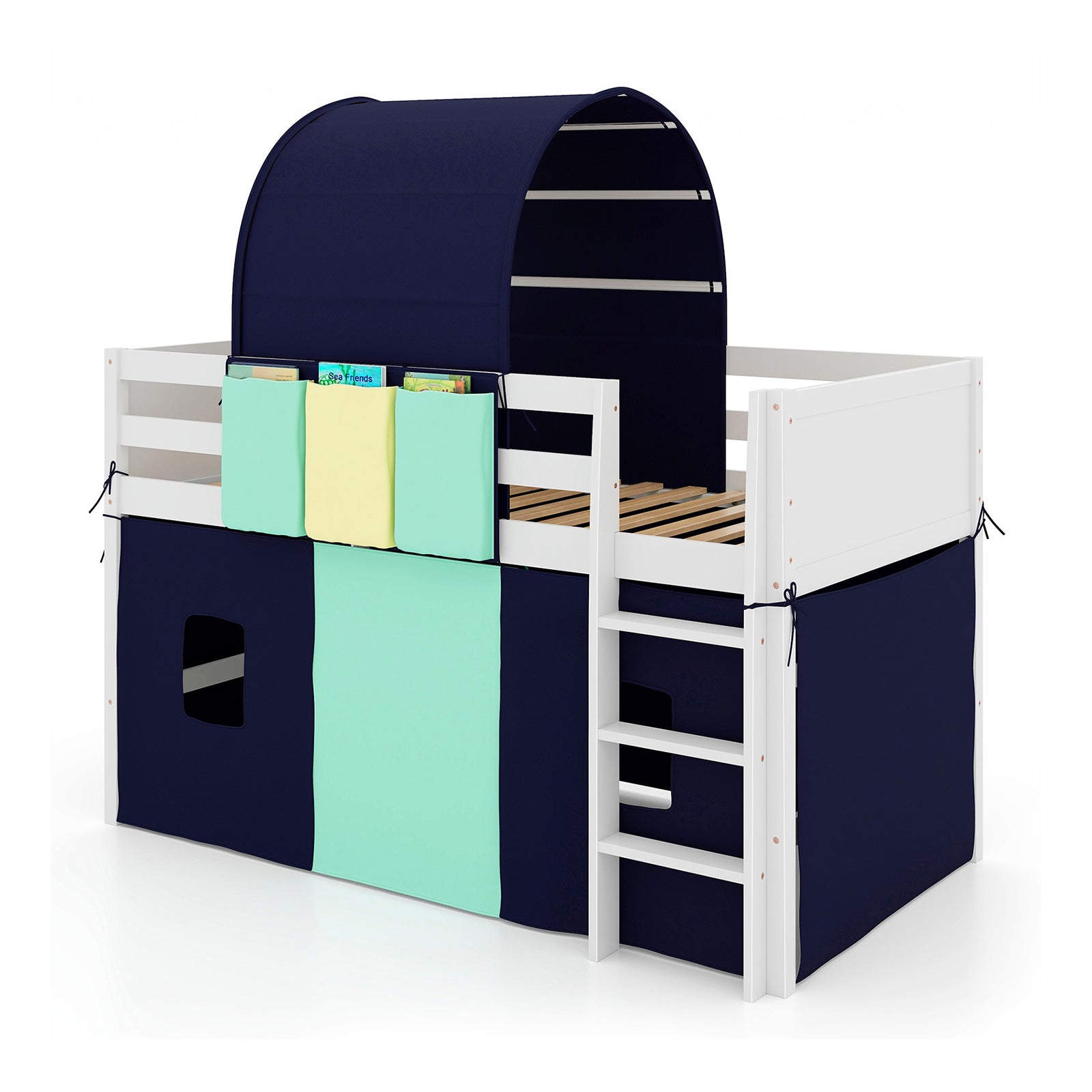 Twin Size Loft Bed Playhouse Bed Frame with Tower Tent and 3 Storage Pockets, Navy Bunk Bed Frame at Gallery Canada