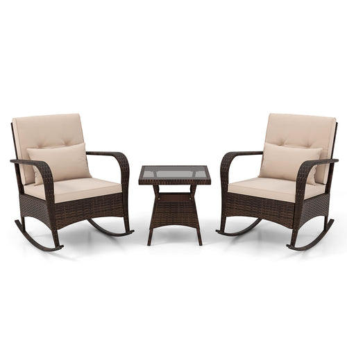 3 Piece Outdoor Rocking Set, Tempered Glass Coffee Table, Brown
