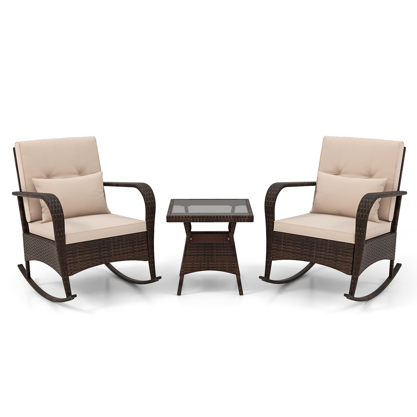 3 Piece Outdoor Rocking Set, Tempered Glass Coffee Table, Brown Patio Conversation Sets at Gallery Canada