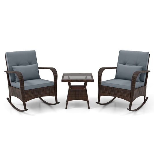 3 Piece Outdoor Rocking Set, Tempered Glass Coffee Table, Gray