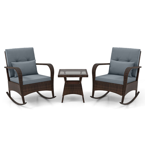 3 Piece Outdoor Rocking Set with Tempered Glass Coffee Table for Backyard Poolside, Gray